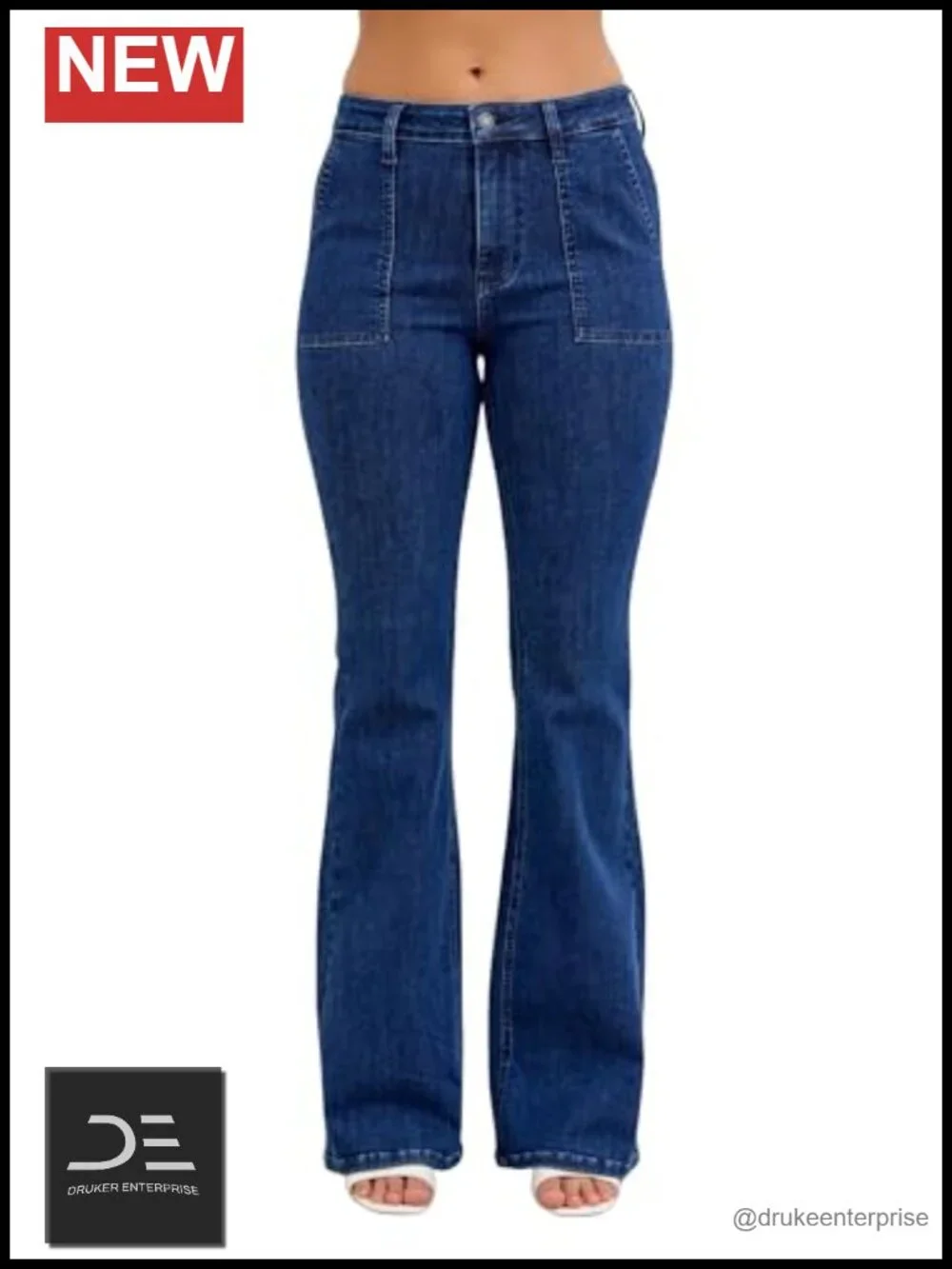 High Rise Flare Leg Jeans with Patch Pockets Stretch Denim